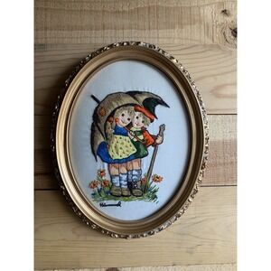 Framed Cross-stitch Cottage Core Hummel Large 12x9.5" Nursey Child Flower Nature